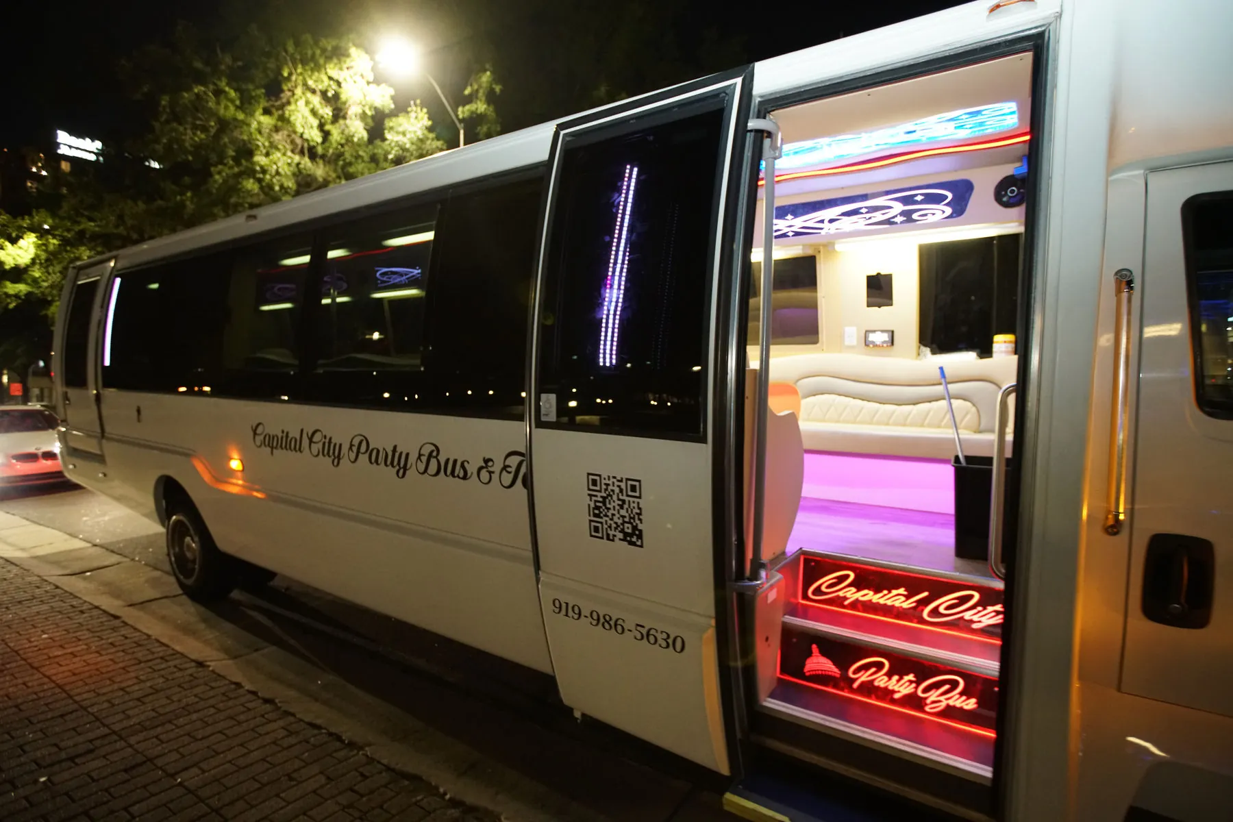 Capital City party bus ready for boarding in downtown Raleigh