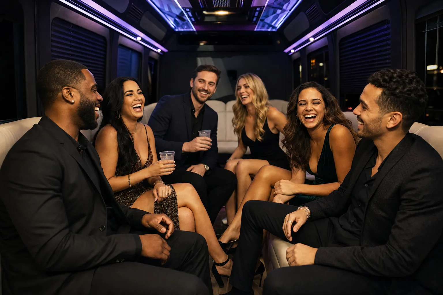 Friends laughing together inside a luxury Raleigh party bus