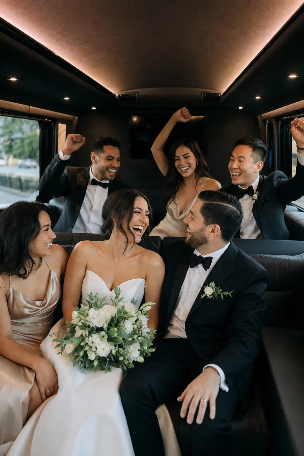 Wedding party celebrating together inside a Capital City shuttle